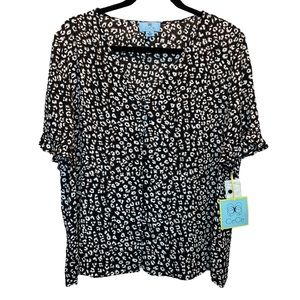 CeCe Ruffle Sleeve Button Down V-Neck Blouse Cheetah Animal Print Black XL New